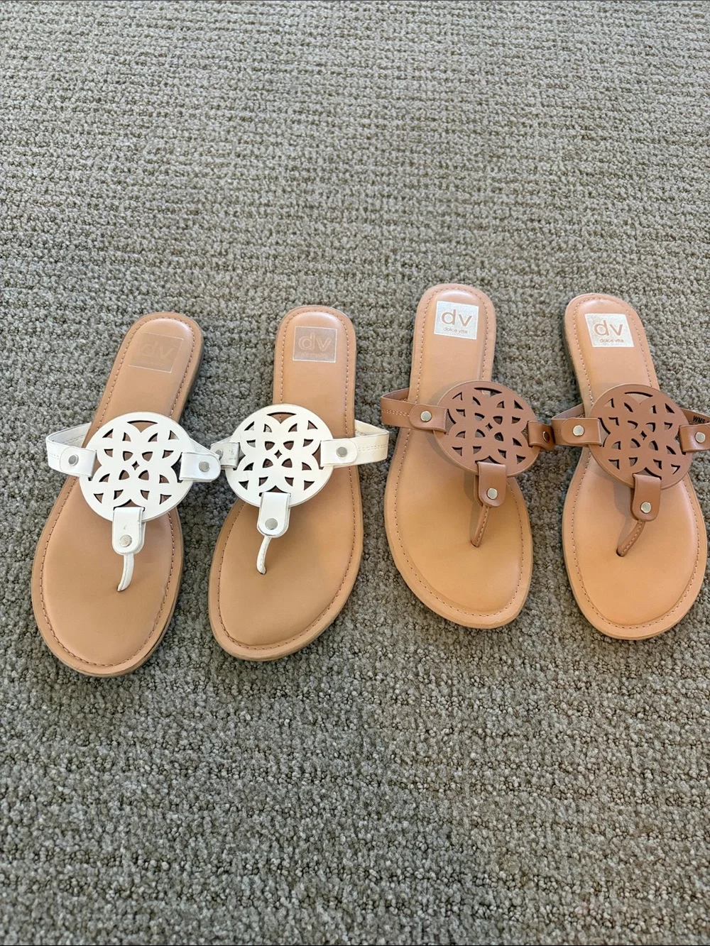 DV by Dolce Vita White and Tan Leather Cutout Thong Sandals - Pair. Size 9
